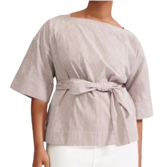 EVERLANE S Belted Poplin Block Sleeve Shirt Striped Taupe White Crisp Classic - Picture 10 of 10